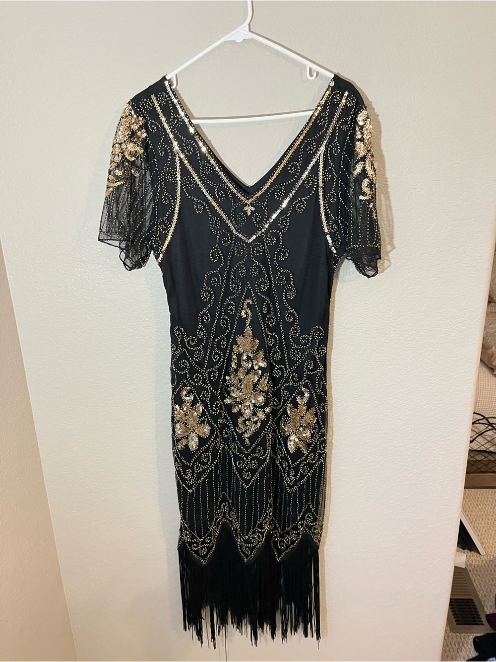 NWT Babe Yuni XL Black Gold Beaded Sequin Fringe Gatsby Flapper Dress
